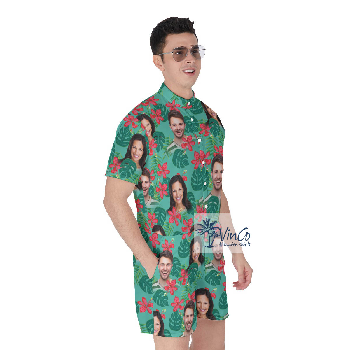 Personalized Photo Couple Faces Floral Summer Romper For Men
