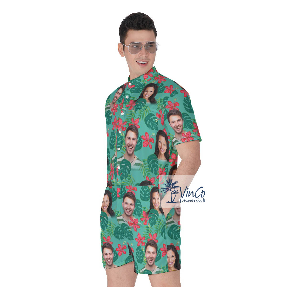 Personalized Photo Couple Faces Floral Summer Romper For Men