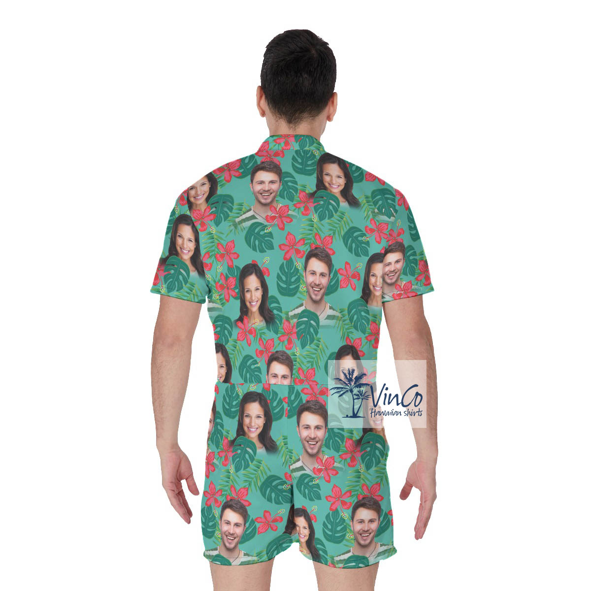 Personalized Photo Couple Faces Floral Summer Romper For Men