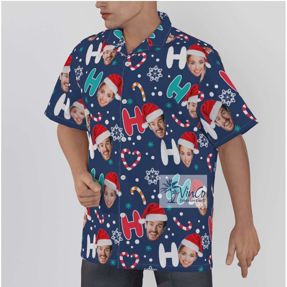 Custom 2 Faces Couple Christmas Hat HO HO HO Xmas Hawaiian Shirt