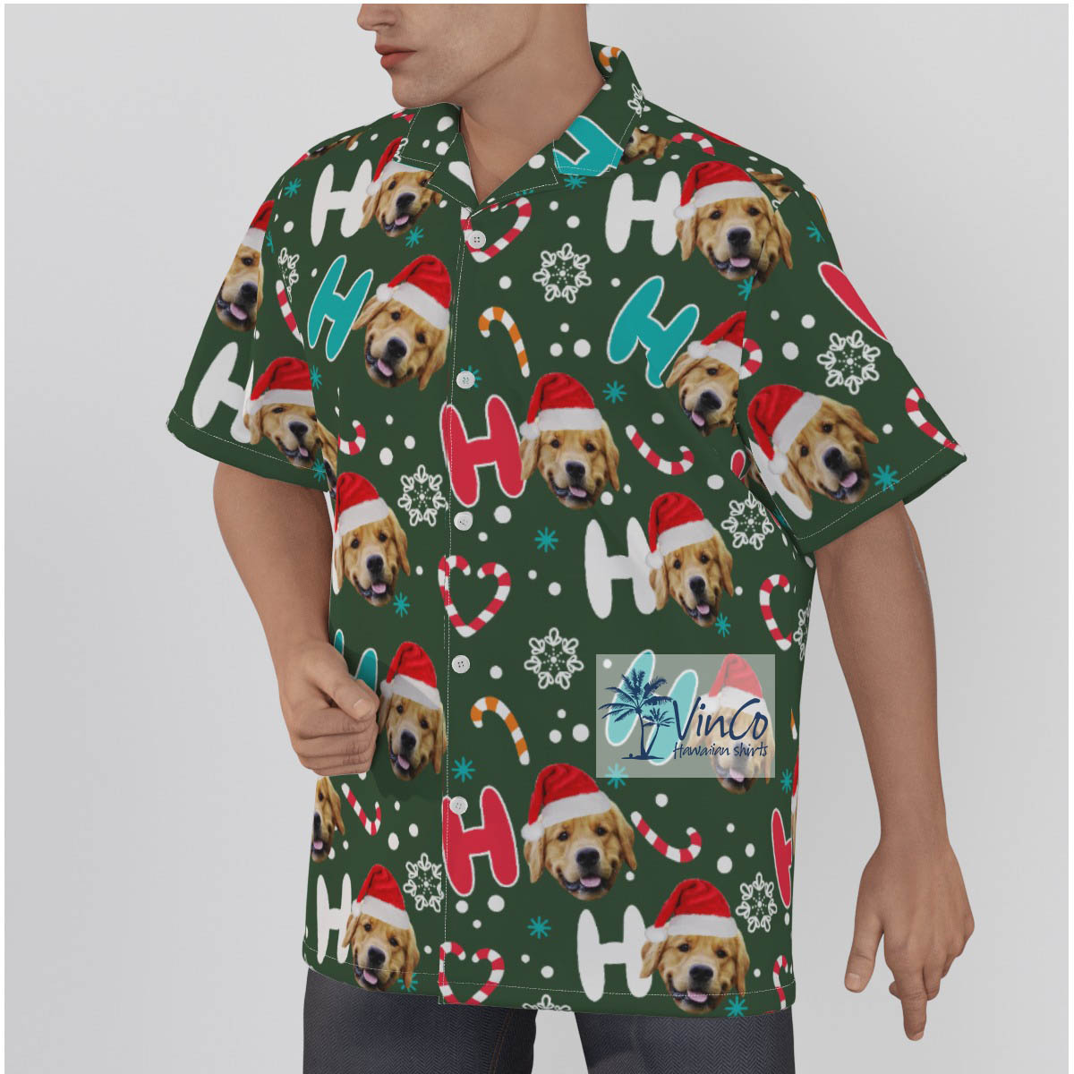 Custom Pet Faces Ho Ho Ho Christmas Button Shirt For Men