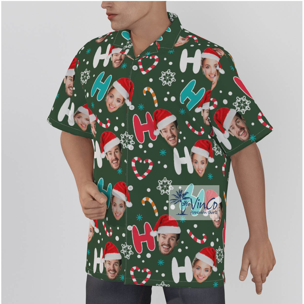 Funny Personalized Christmas Gift Men's Christmas Button Shirt HO HO HO Santa Hat