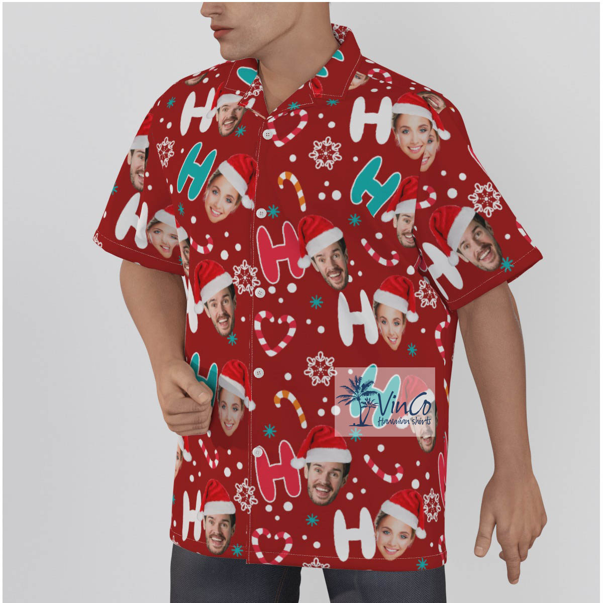 Personalized Santa Faces Ho Ho Ho Christmas Hawaiian Button Up Shirt