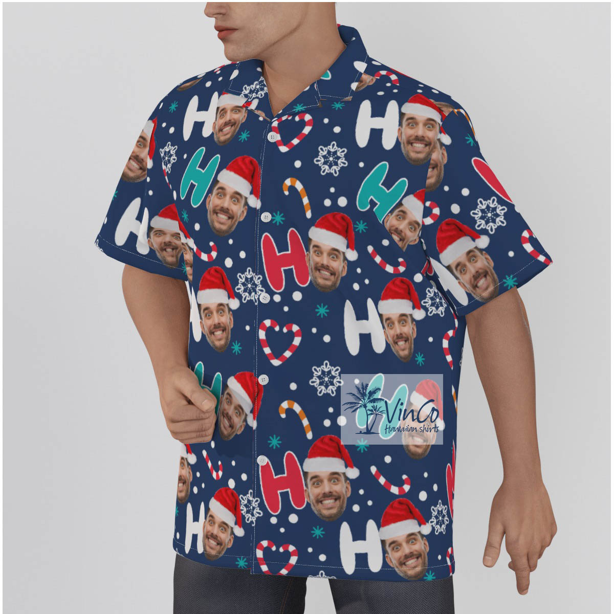 Personalized Santa Face HO HO HO Christmas Shirt Aloha Print For Men