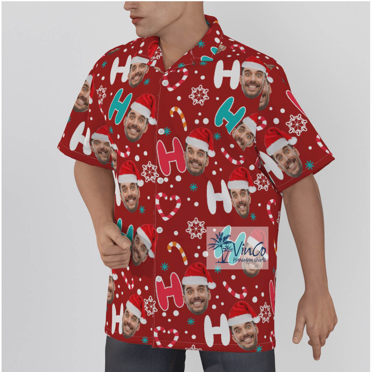 Custom Face Santa Hat HO HO HO Christmas Hawaiian Shirt