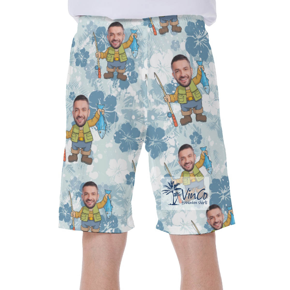 Funny Fishing Custom Hawaiian Swim Trunks With Multiple Faces For Men