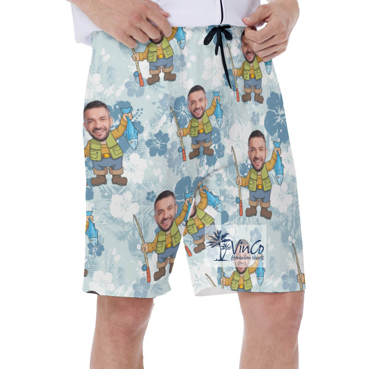 Funny Fishing Custom Hawaiian Swim Trunks With Multiple Faces For Men