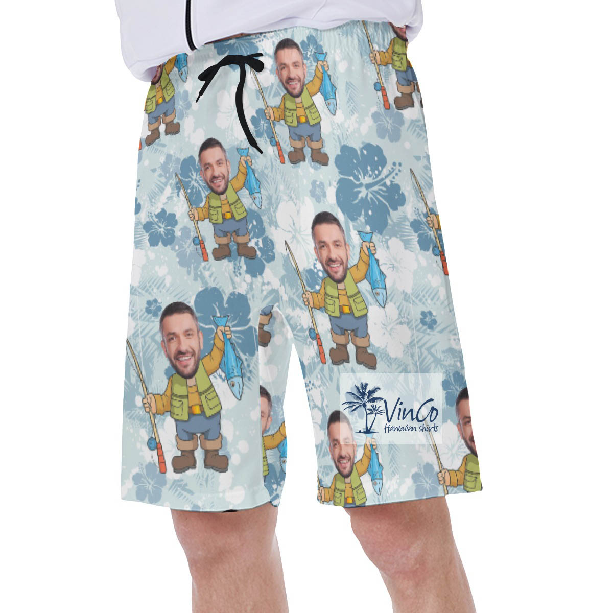 Funny Fishing Custom Hawaiian Swim Trunks With Multiple Faces For Men