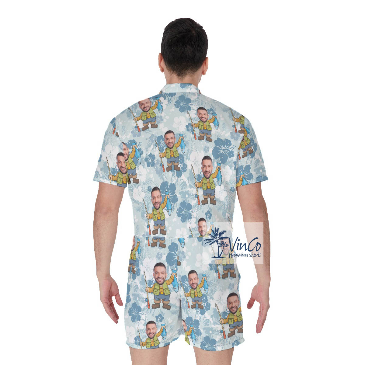 Floral Personalized Faces Hawaiian Romper For Fishing Man