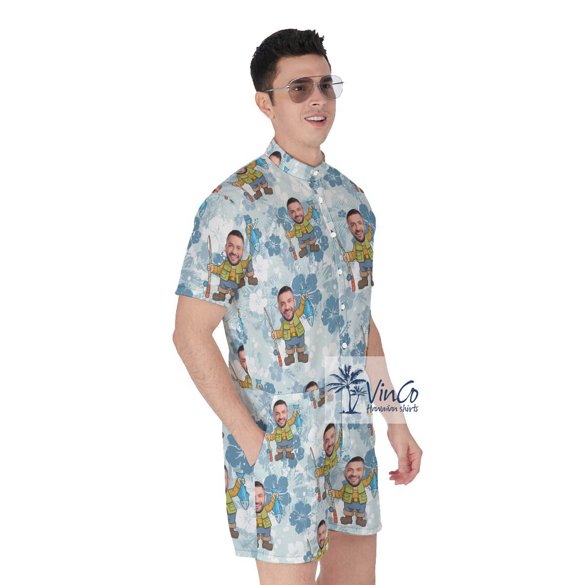 Floral Personalized Faces Hawaiian Romper For Fishing Man