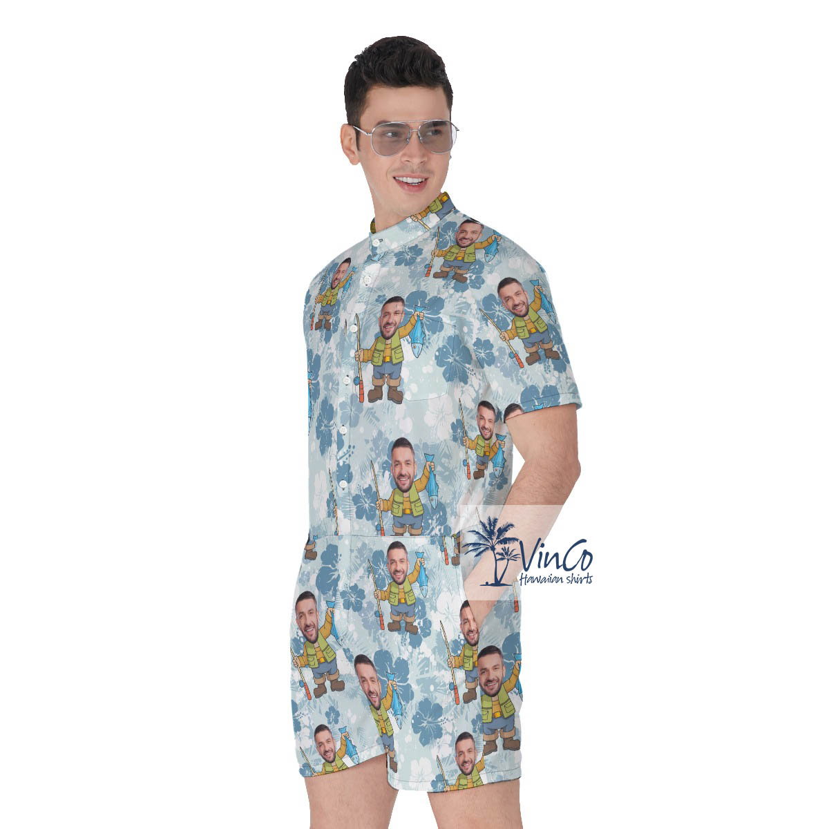 Floral Personalized Faces Hawaiian Romper For Fishing Man