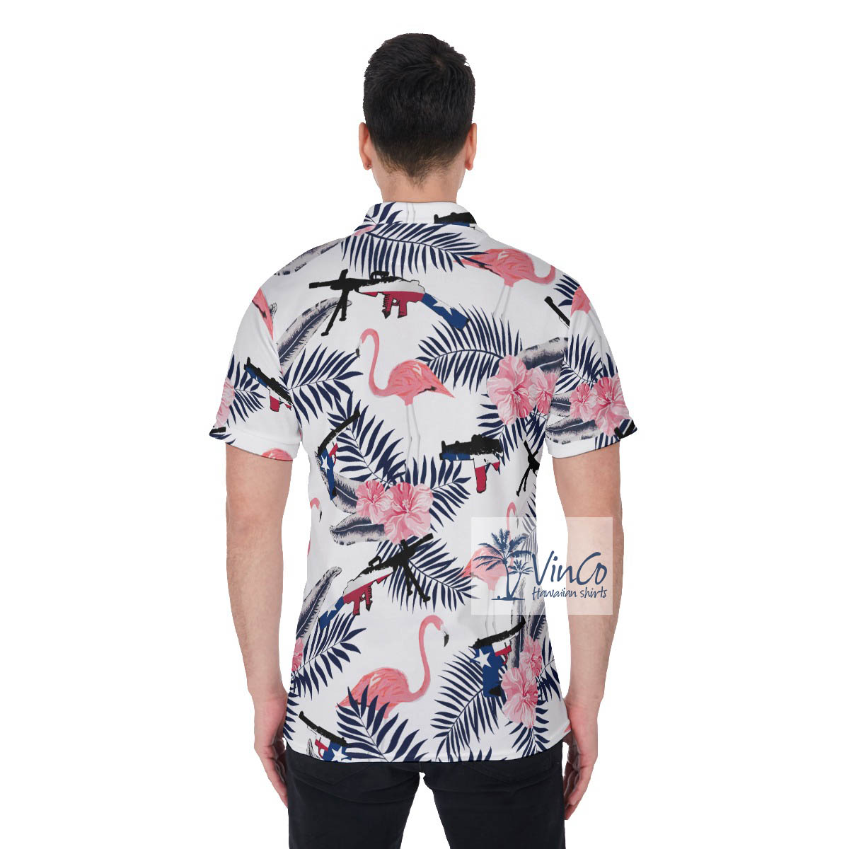 Funny Floral Texas Gun Pink Flamingo Hawaiian Polo Shirt
