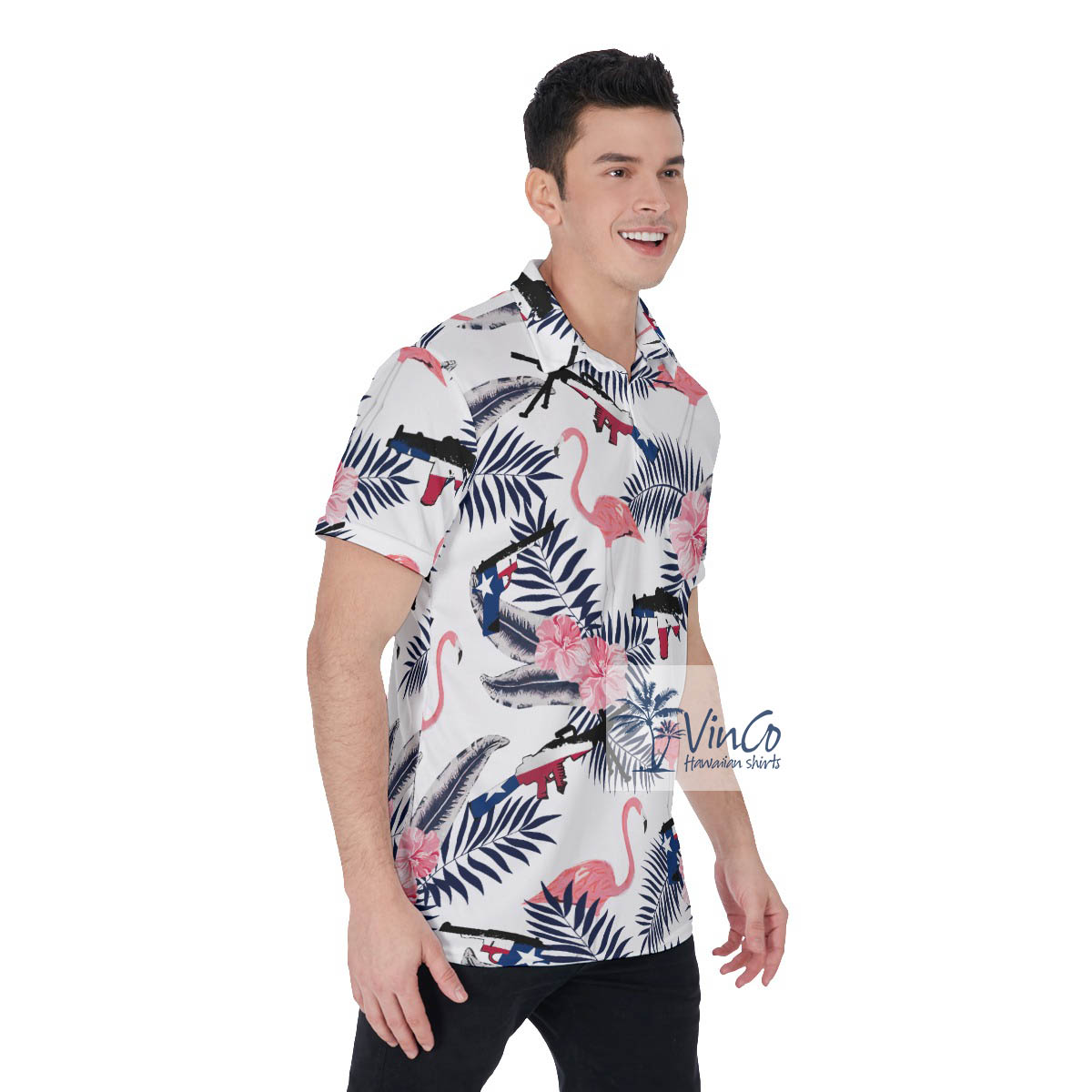 Funny Floral Texas Gun Pink Flamingo Hawaiian Polo Shirt