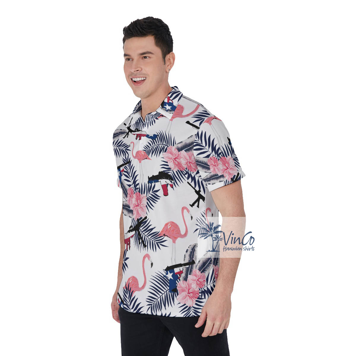Funny Floral Texas Gun Pink Flamingo Hawaiian Polo Shirt