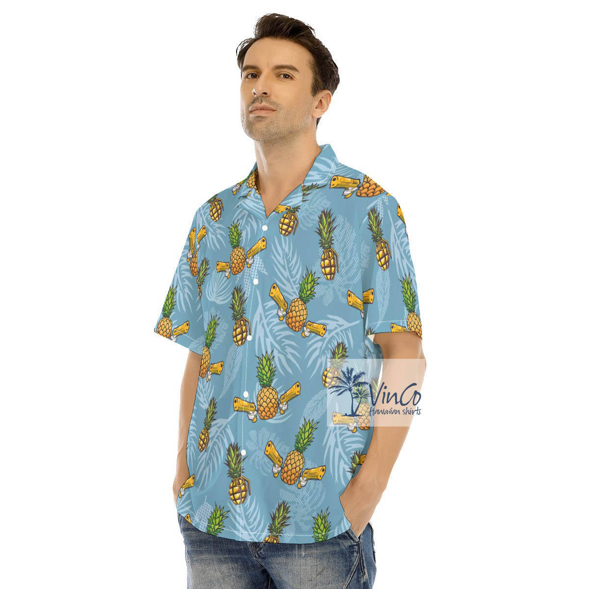 Tactical Pineapple With Gun Blue Hawaiian Shirt