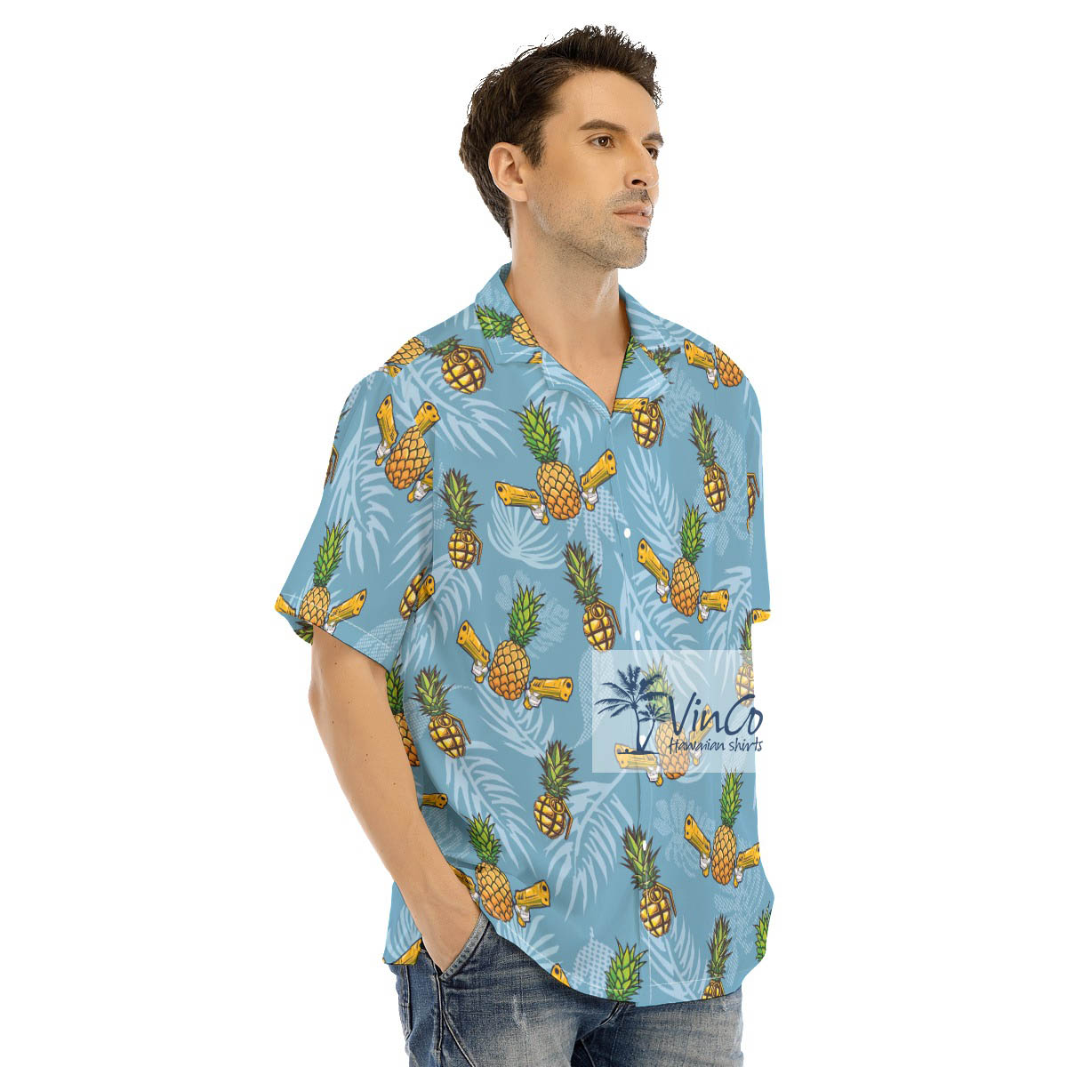 Tactical Pineapple With Gun Blue Hawaiian Shirt