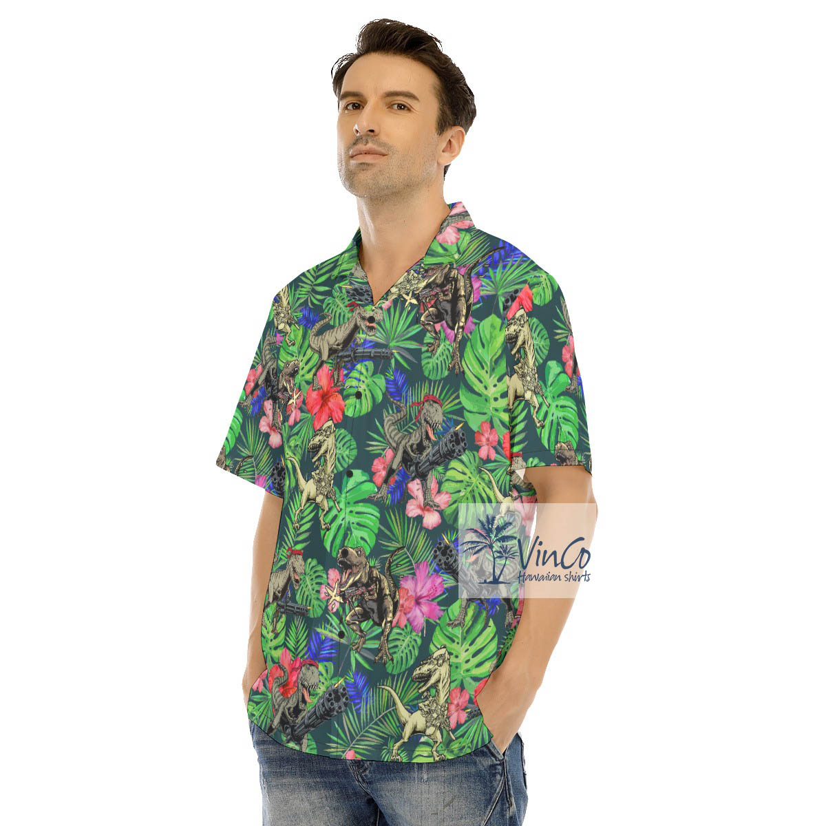 Cool Dinosaur With Gun Tactical Tropical Hawaiian Shirt