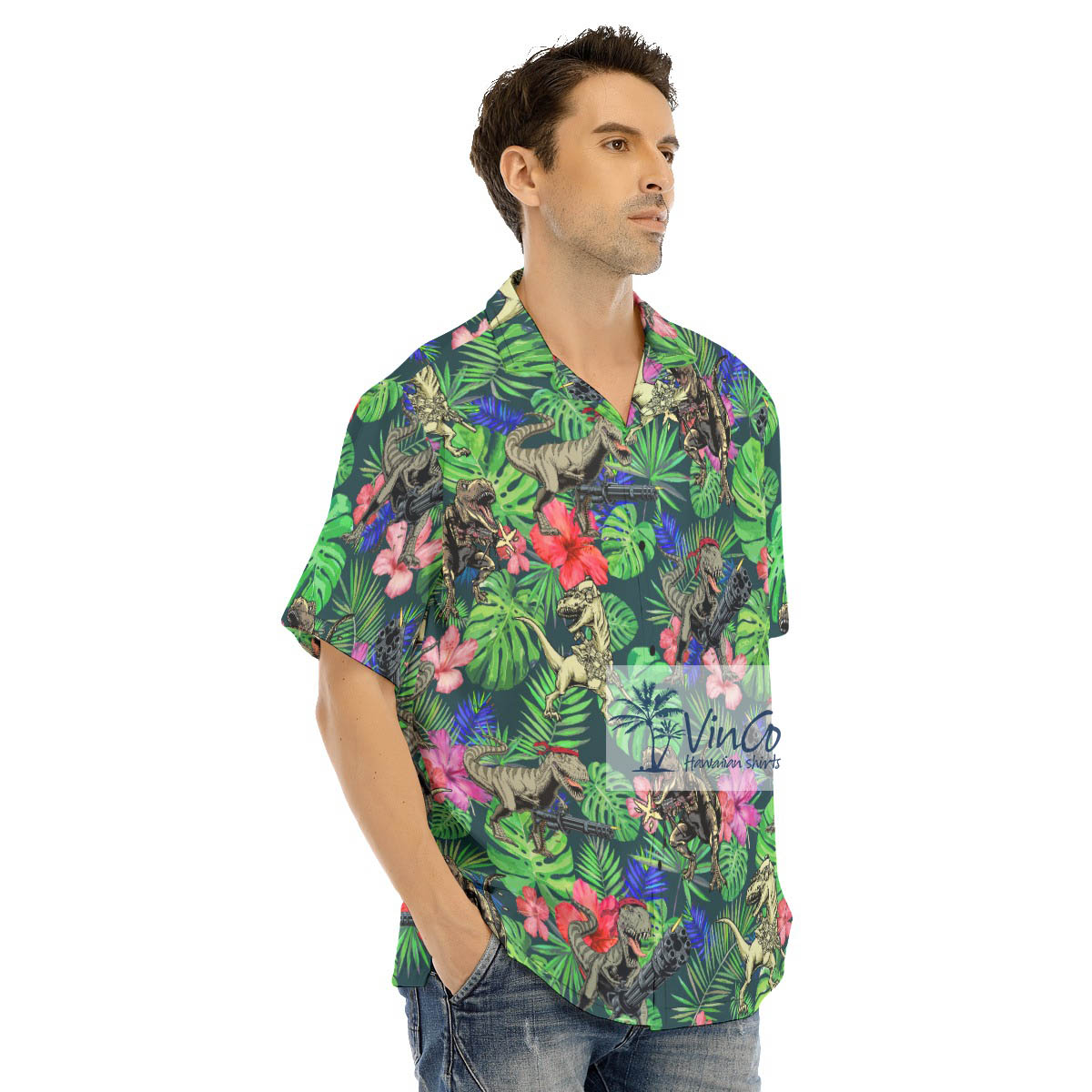 Cool Dinosaur With Gun Tactical Tropical Hawaiian Shirt