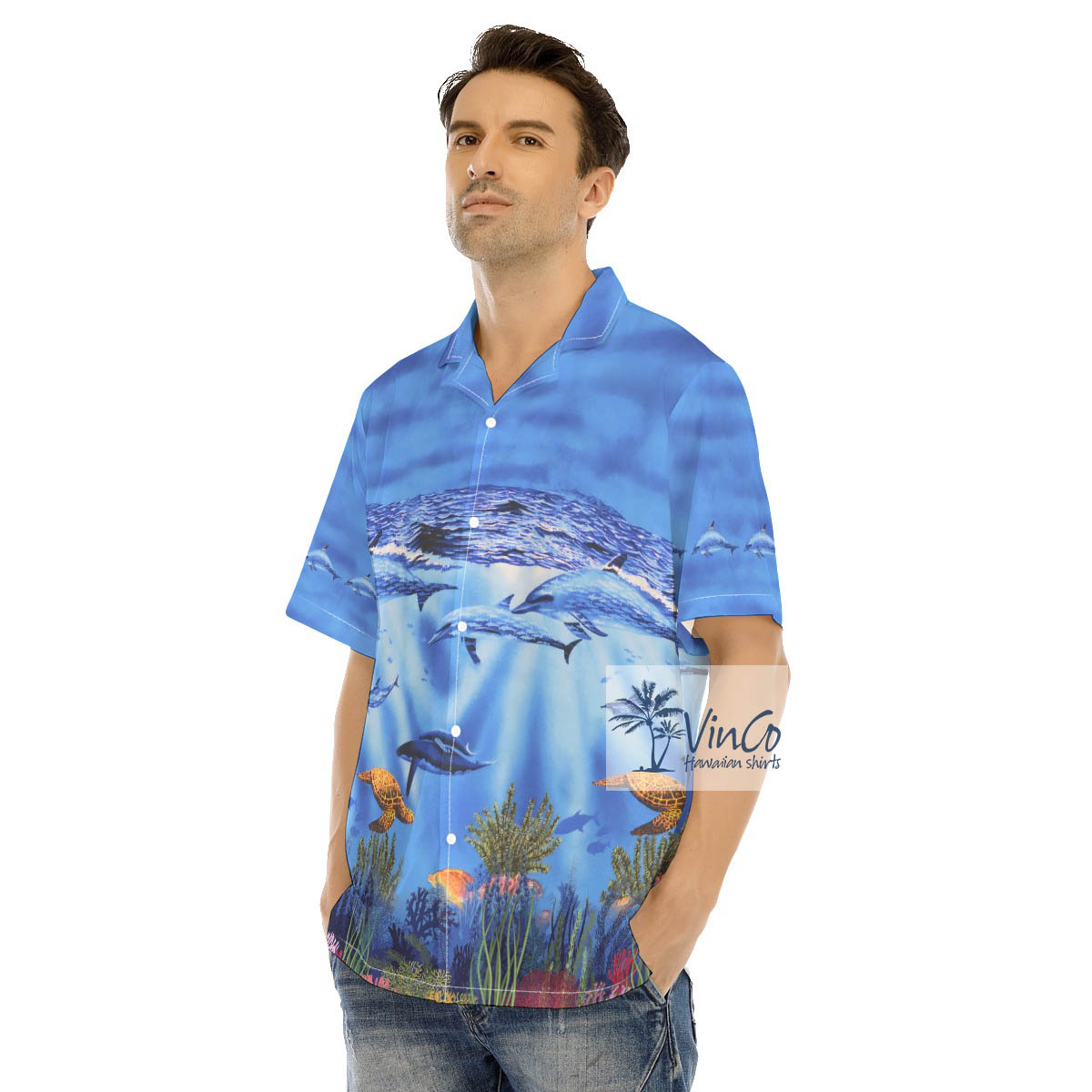 Ocean Life Dolphin Blue Hawaiian Shirt