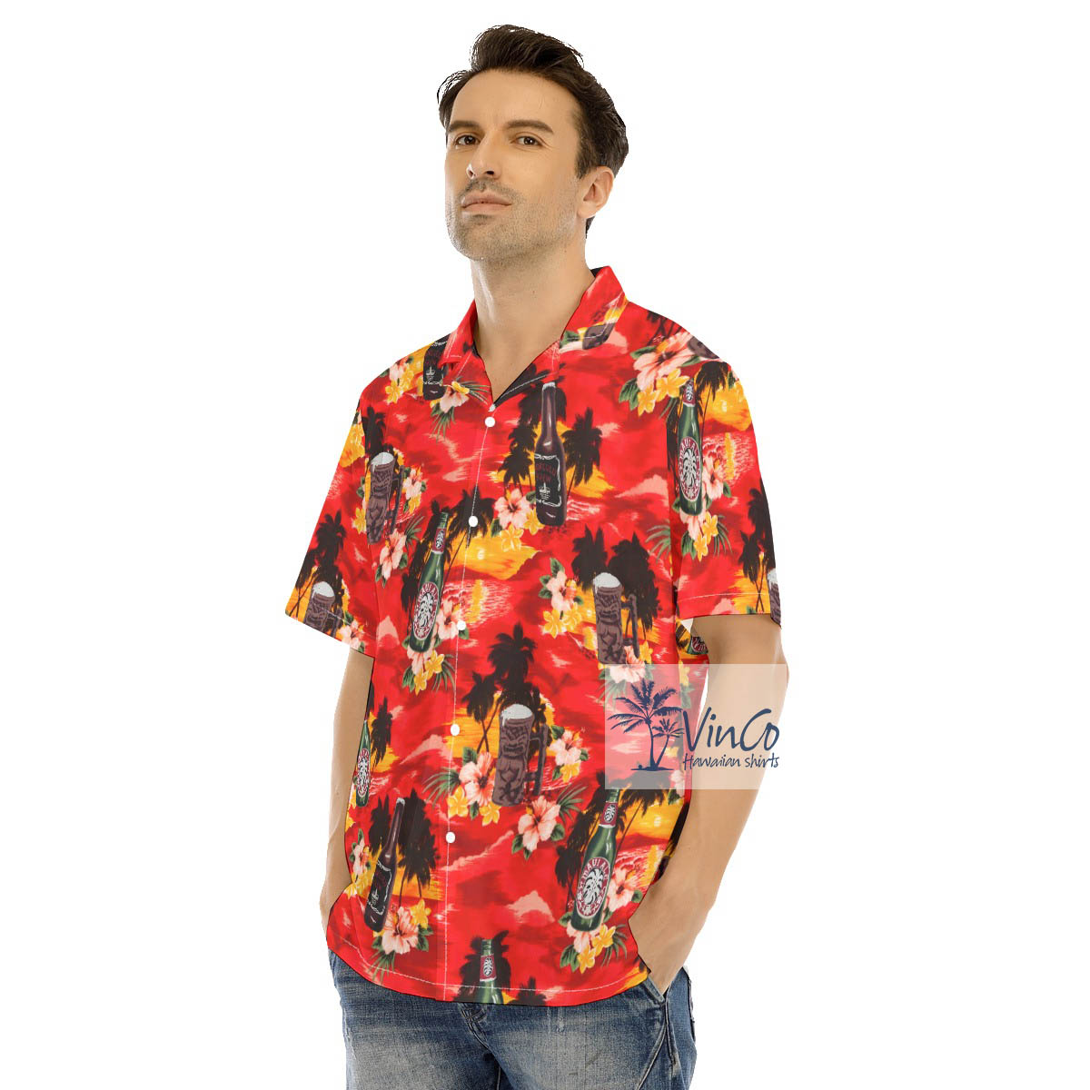 Tropical Red Sunset Beach Beer Hawaiian Shirt