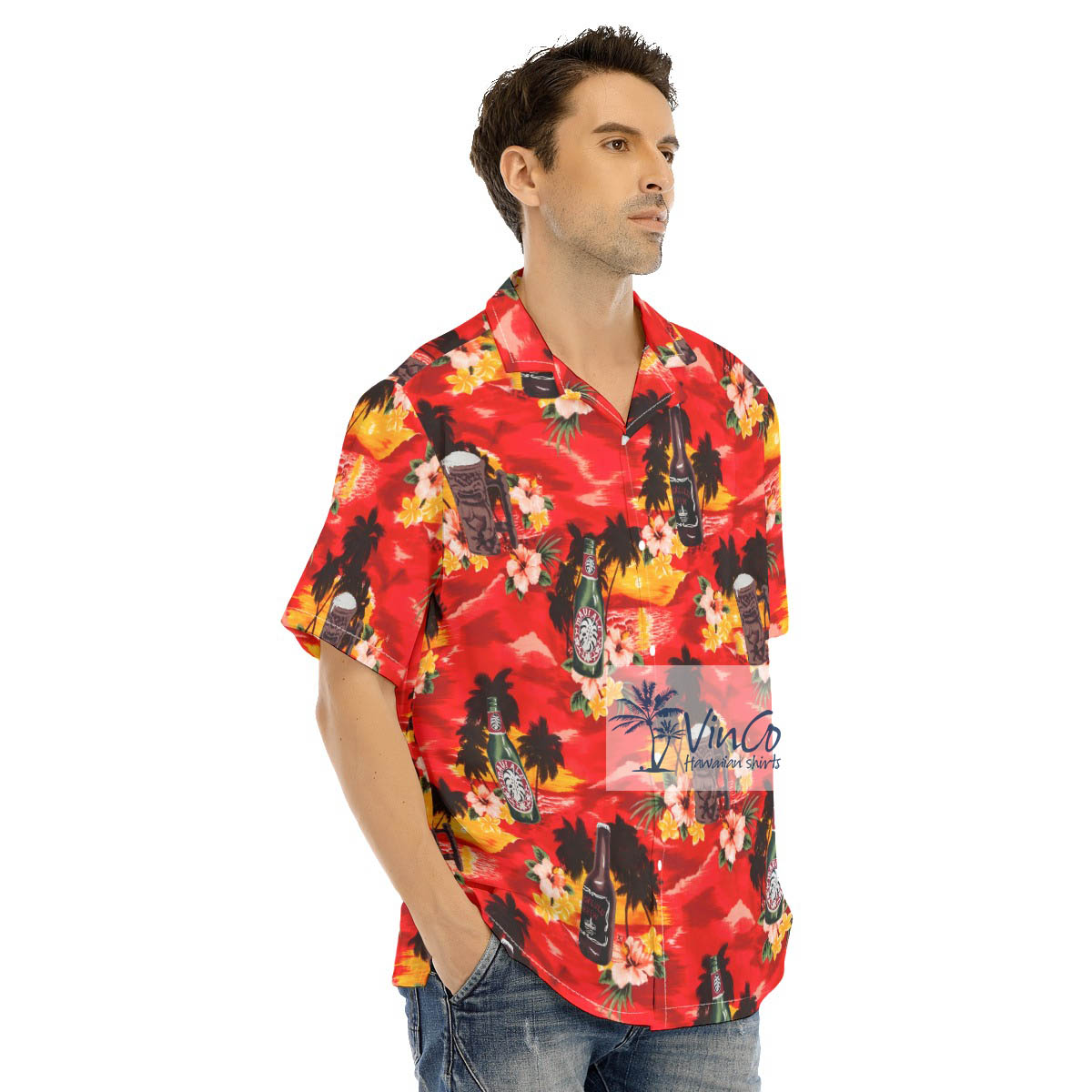 Tropical Red Sunset Beach Beer Hawaiian Shirt
