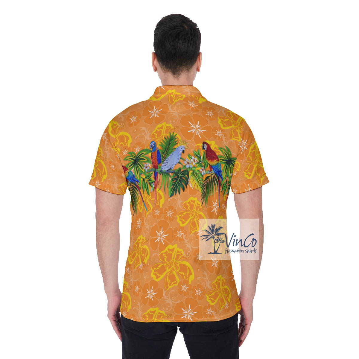 Colorful Parrot Floral Orange Hawaiian Polo Shirt