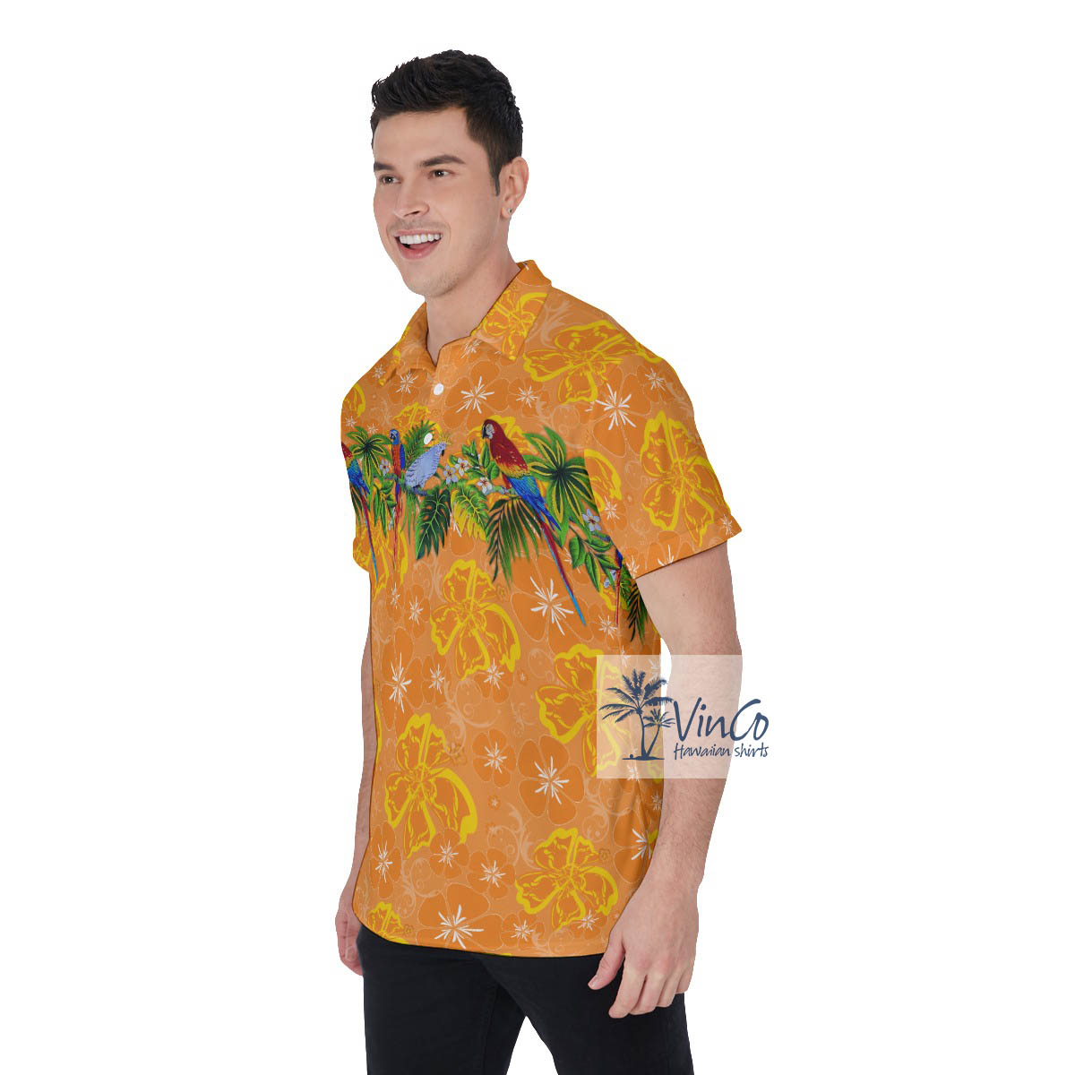 Colorful Parrot Floral Orange Hawaiian Polo Shirt
