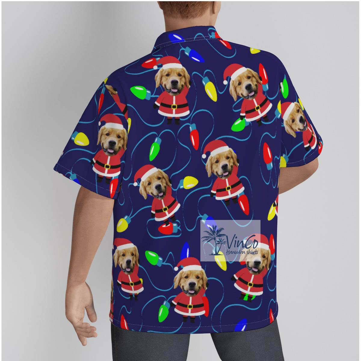 Custom Pet Face Santa Christmas Hawaiian Shirt Christmas Light