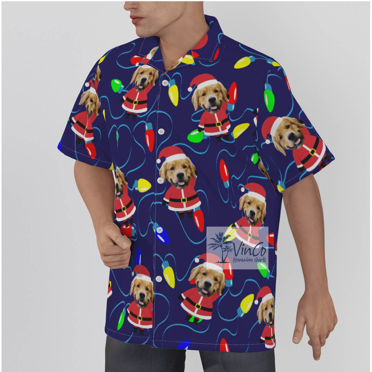 Custom Pet Face Santa Christmas Hawaiian Shirt Christmas Light
