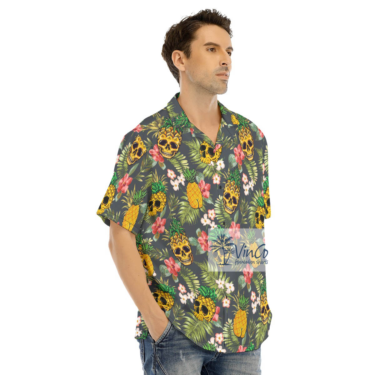 Funny Skull Pineapple Floral Hawaiian Shirt