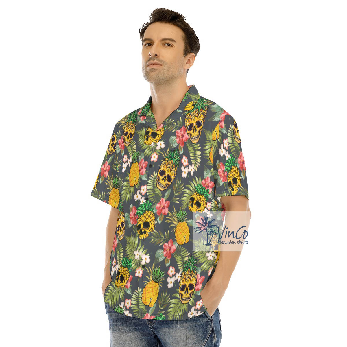 Funny Skull Pineapple Floral Hawaiian Shirt