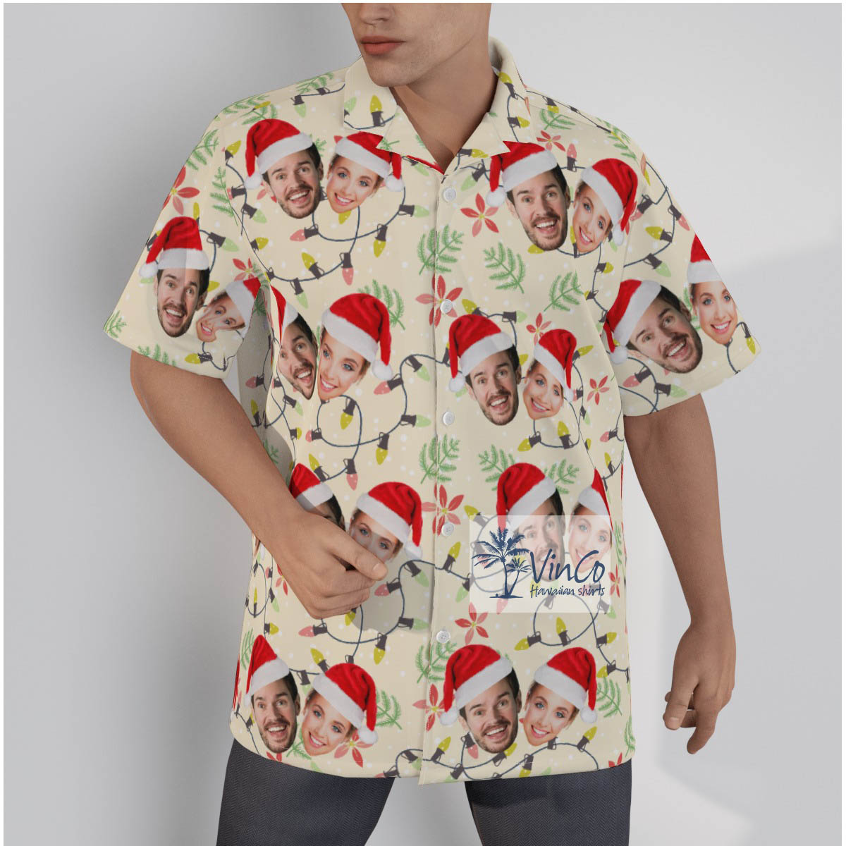 Matching Custom Couple Faces Hawaiian Christmas Shirt - variant image 1