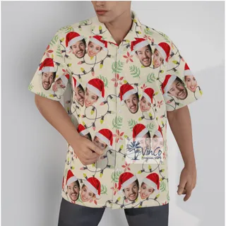 Matching Custom Couple Faces Hawaiian Christmas Shirt