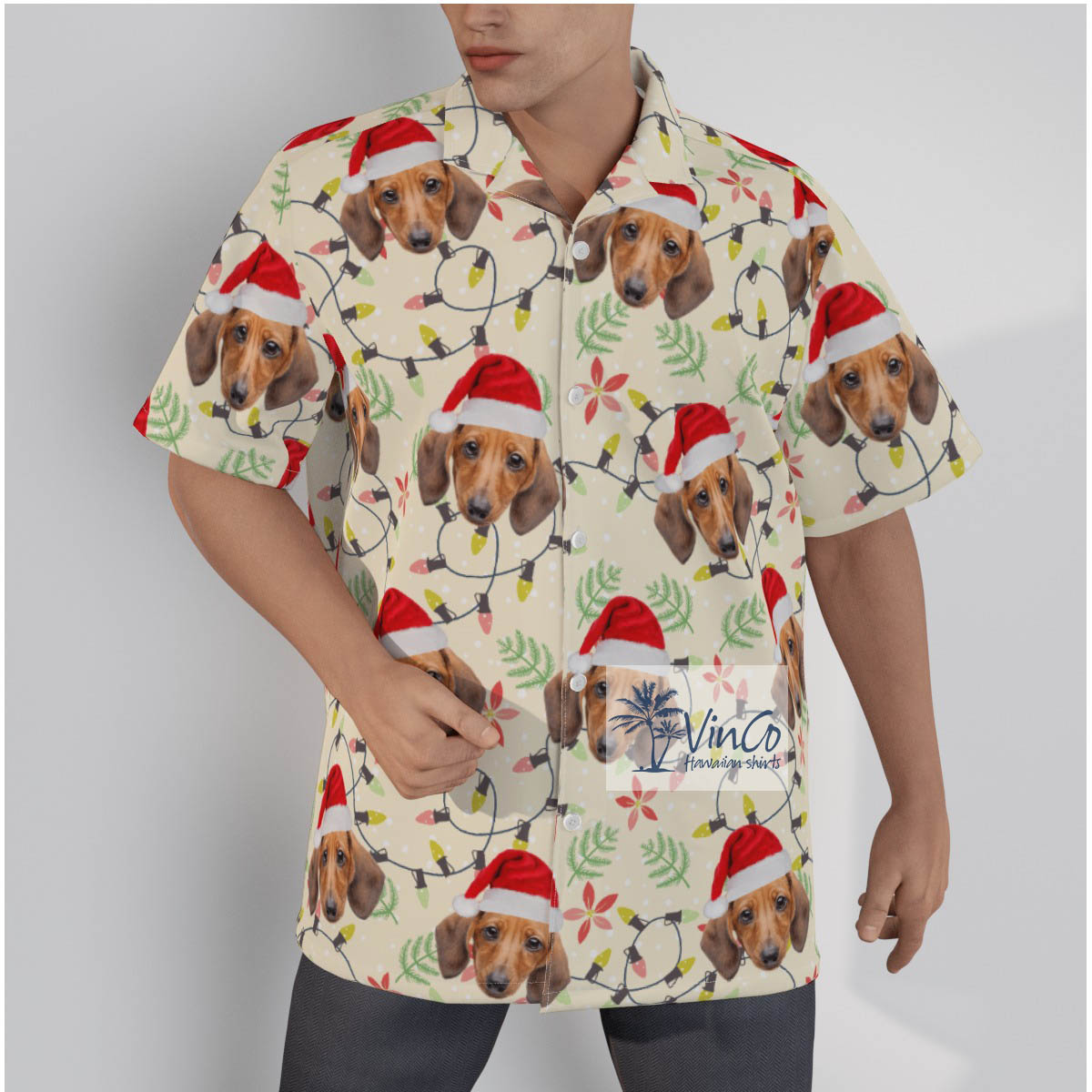Custom Dog Face Christmas Hat Men's Hawaiian Shirt - variant image 1