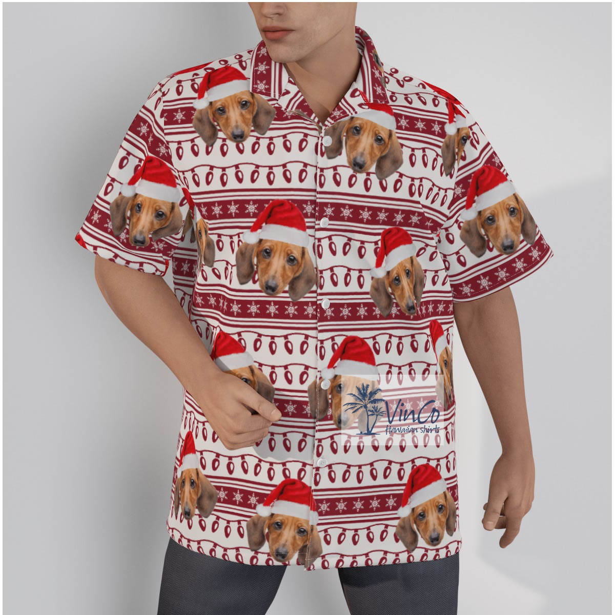 Custom Dog Photo Christmas Lights Hawaiian Button Up Shirt - variant image 1