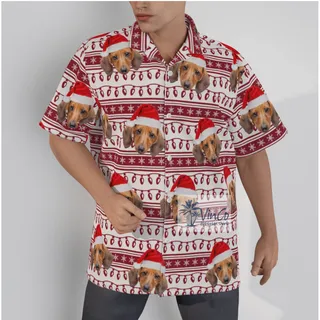 Custom Dog Photo Christmas Lights Hawaiian Button Up Shirt