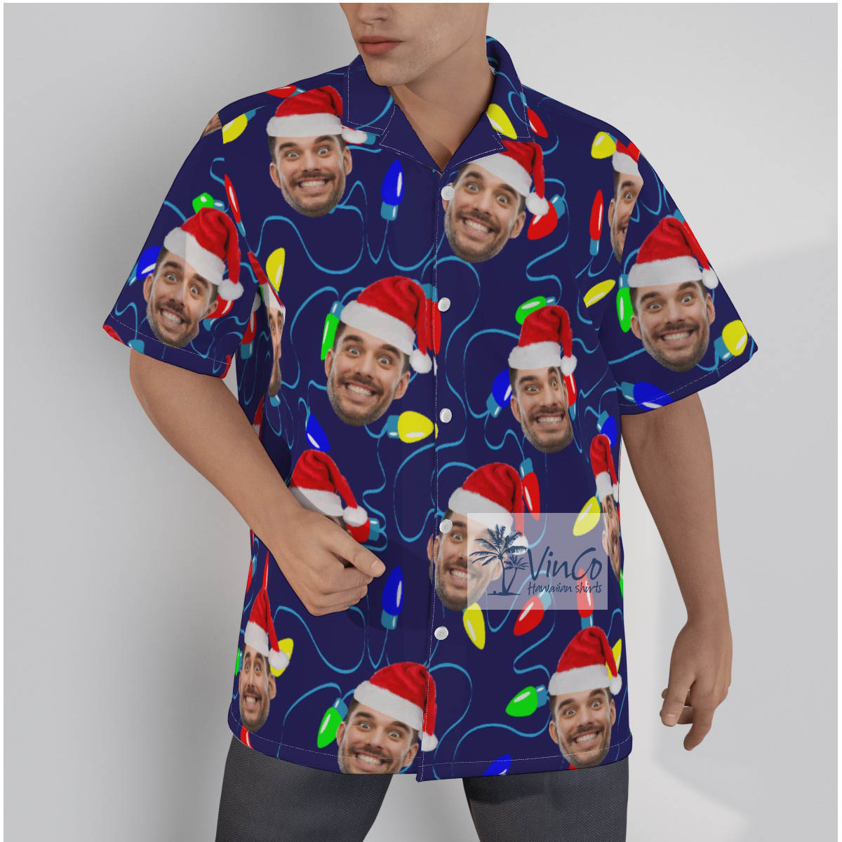 Custom Faces Hawaiian Button Up Shirt for Men with Christmas Theme - variant image 1