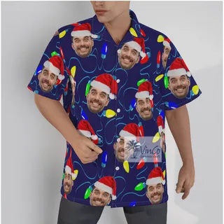 Custom Faces Hawaiian Button Up Shirt for Men with Christmas Theme