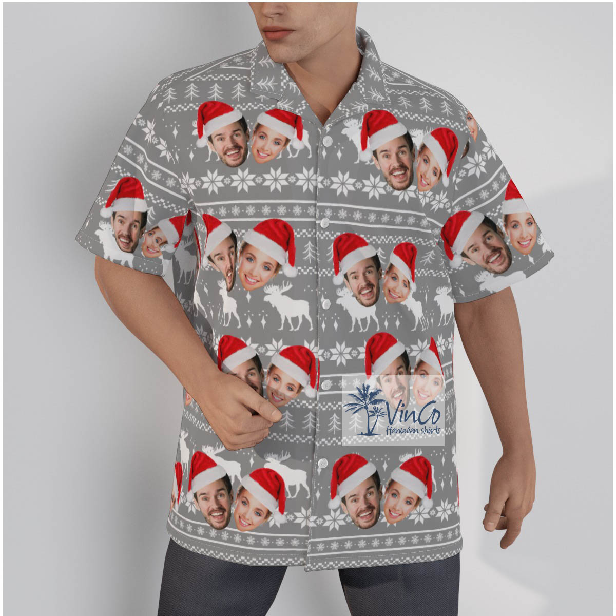 Custom 2 Faces Couple Ugly Christmas Hawaiian Shirt - variant image 1