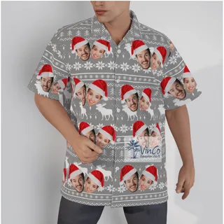 Custom 2 Faces Couple Ugly Christmas Hawaiian Shirt