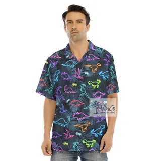 Neon Dinosaur Tropical Hawaiian Button Up Shirt