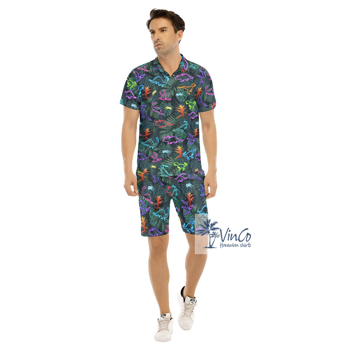 Neon Dinosaur Tropical Button Shirt Shorts For Men - variant image 1