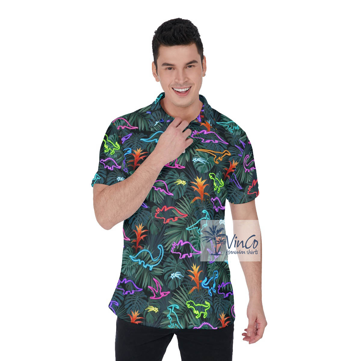 Neon Dinosaur Tropical Hawaiian Golf Shirt Polo - variant image 1