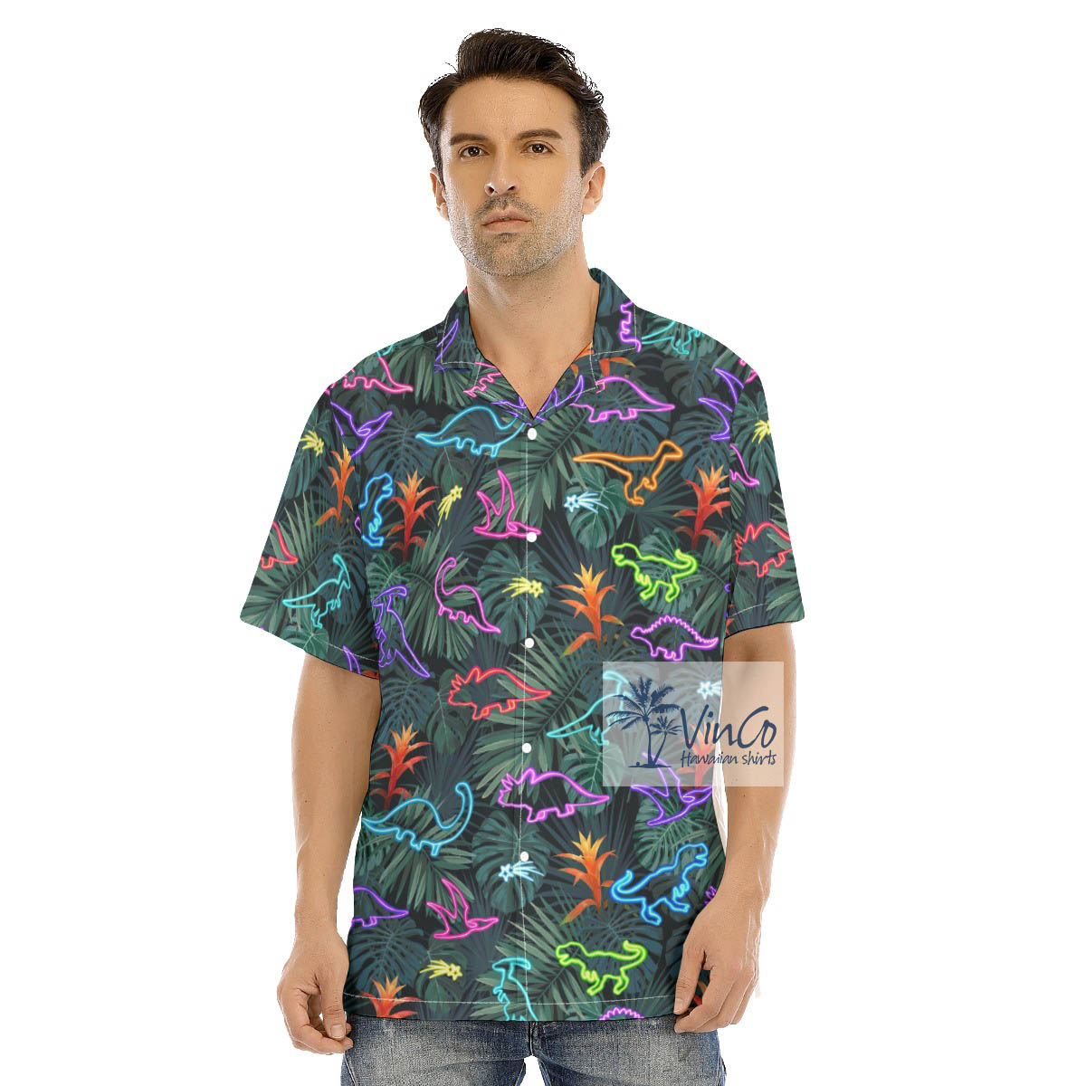 Neon Dinosaur Tropical Shirt For Men - variant image 1