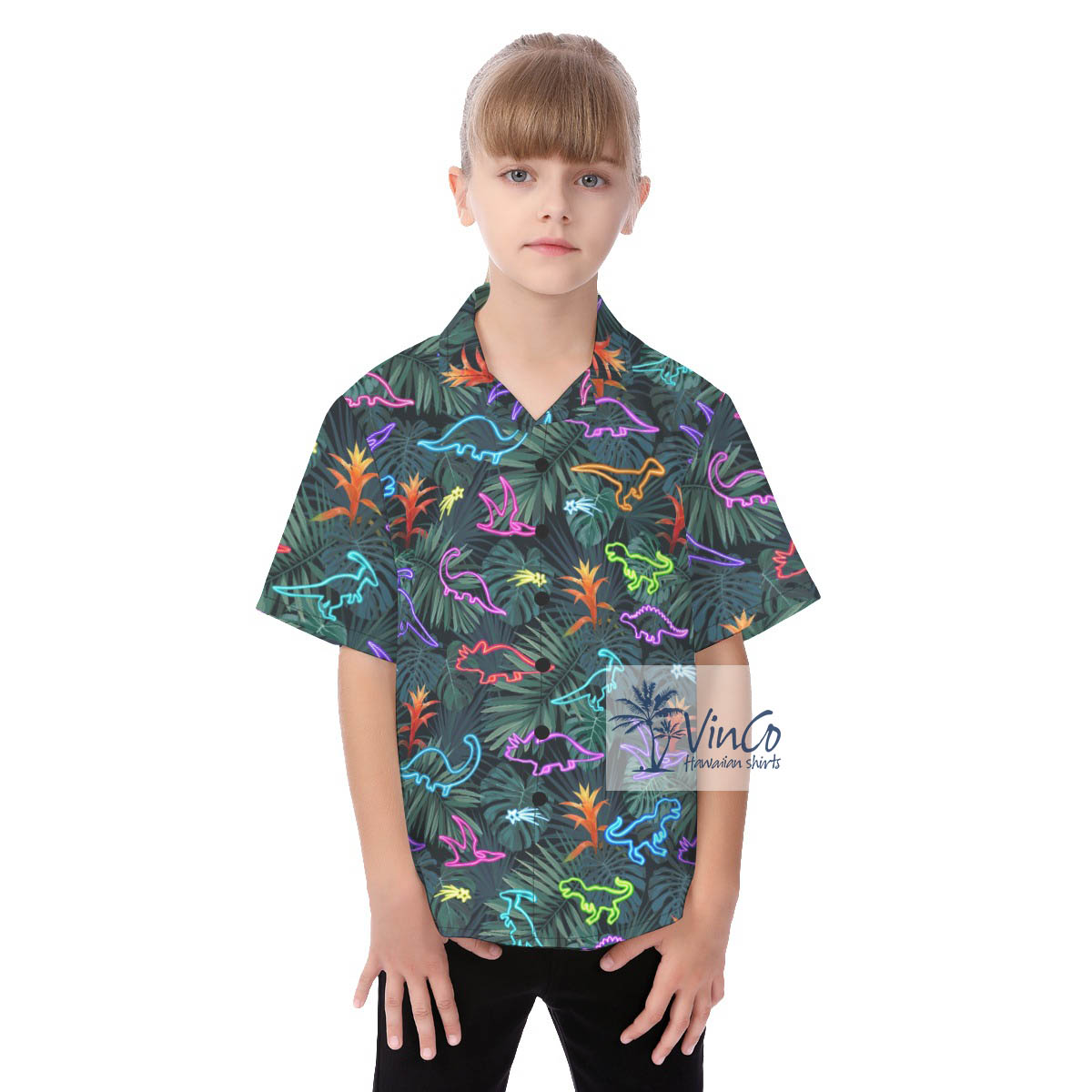 Cute Neon Dinosaur Tropical Button Shirt For Kids - variant image 1