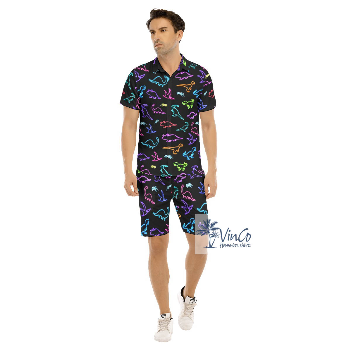 Neon Dinosaur Hawaiian Button Up Shirt And Shorts For Men - variant image 1