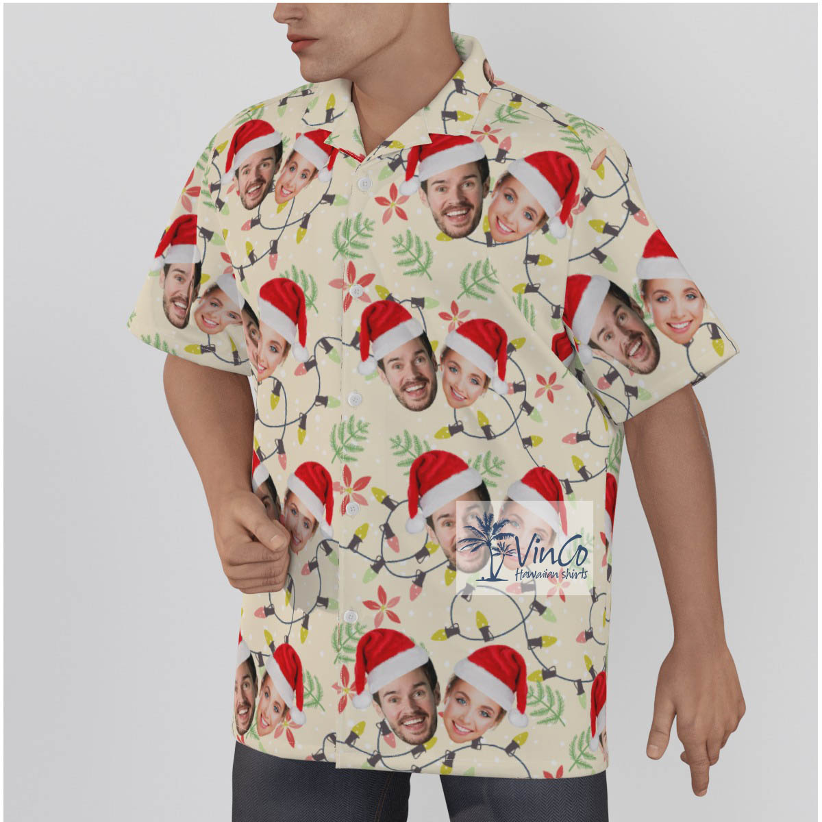 Matching Custom Couple Faces Hawaiian Christmas Shirt