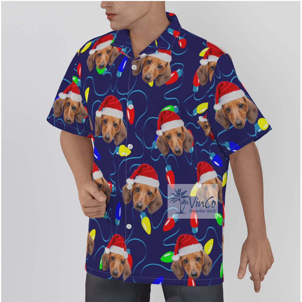 Personalized Pet Face Christmas Light Aloha Shirt For Men