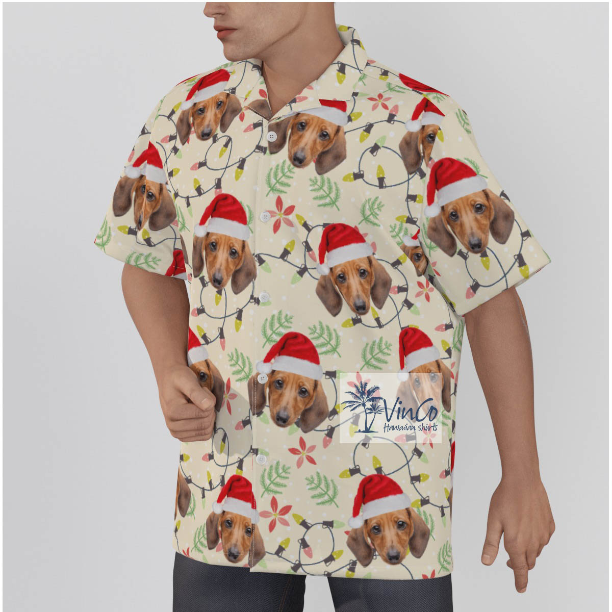 Custom Dog Face Christmas Hat Men's Hawaiian Shirt