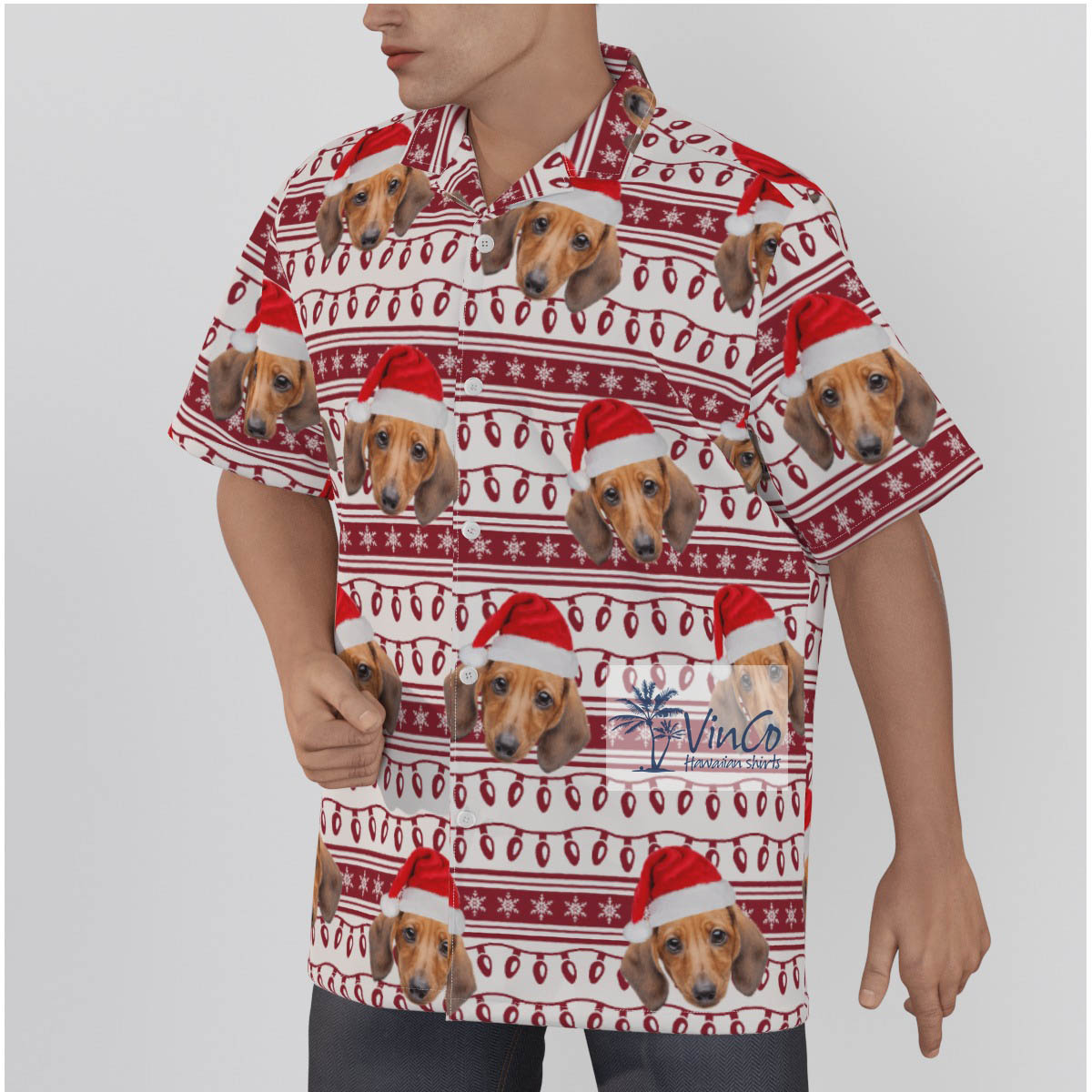 Custom Dog Photo Christmas Lights Hawaiian Button Up Shirt